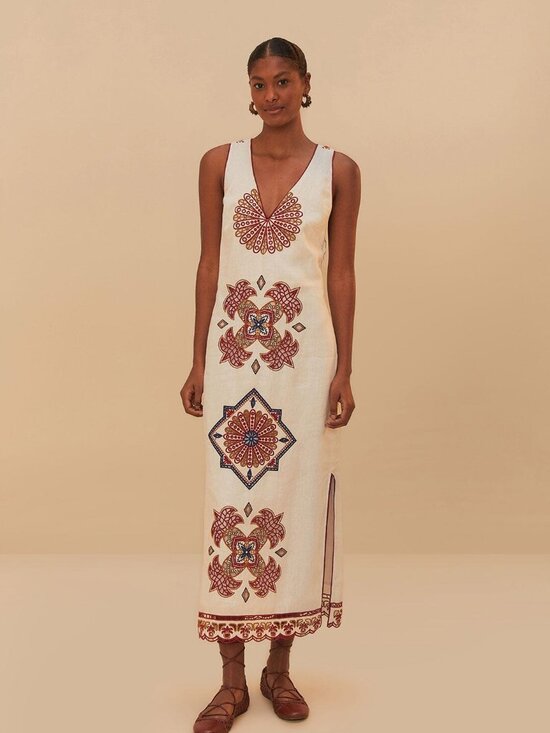 FARM Rio Dresses & Skirts - Off-White Marys Tiles Richelieu Euroflax™ Premium Linen Midi Dress
